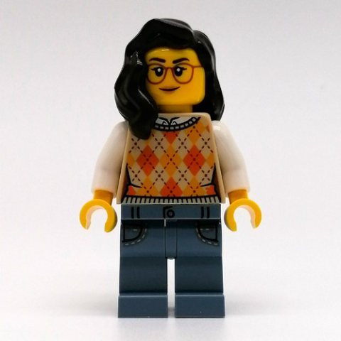 Minifigurka LEGO Woman, Argyle Sweater, Sand Blue Legs