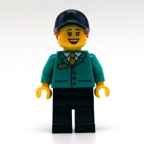 Minifigurka LEGO Train Station Employee, Woman, Dark Turquoise Jacket, Dark Blue Legs