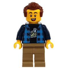 Minifigurka LEGO Man, Open Dark Blue Plaid Shirt, Dark Tan Legs, Reddish Brown Hair