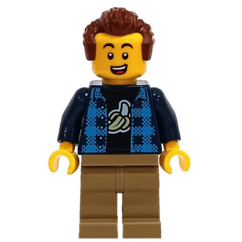 Minifigurka LEGO Man, Open Dark Blue Plaid Shirt, Dark Tan Legs, Reddish Brown Hair