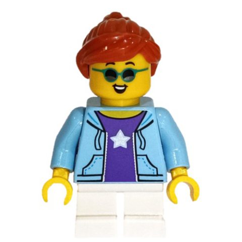 Minifigurka LEGO Girl, Bright Light Blue Jacket, Short White Legs, Sunglasses