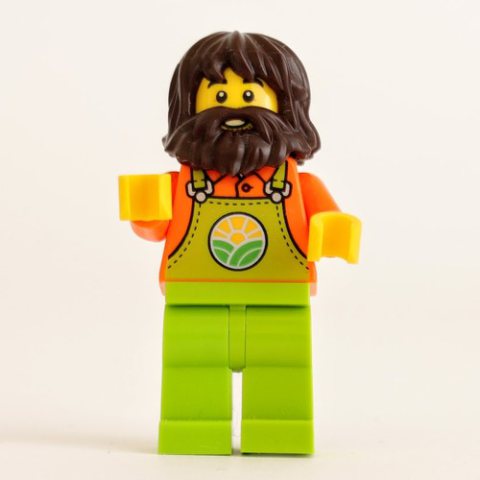 Minifigurka LEGO Farmer, Man, Lime Overalls, Dark Brown Hair and Beard