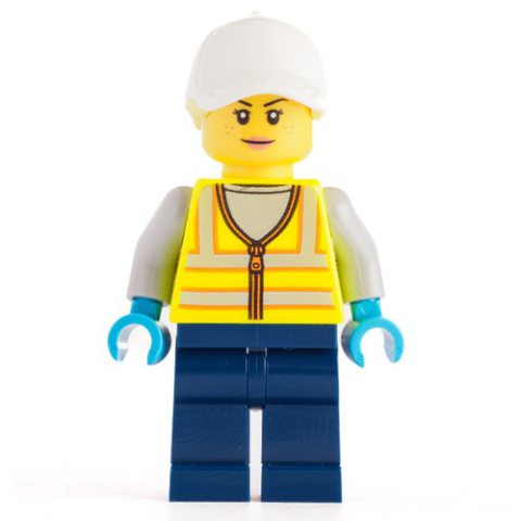 Minifigurka LEGO Woman, Vibrant Yellow Safety Vest, White Cap