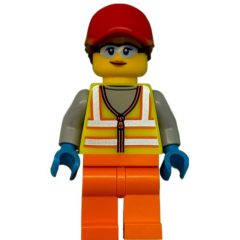 Minifigurka LEGO Woman, Vibrant Yellow Safety Vest, Orange Legs, Red Cap, Safety Glasses