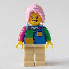 Minifigurka LEGO Woman, Blue, Yellow, and Green Shirt, Bright Pink Hair