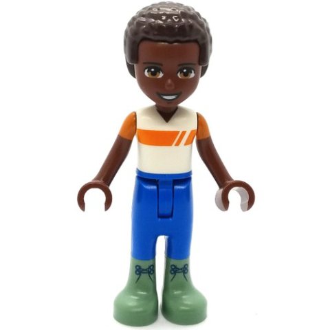 Minifigurka LEGO Elijah - White/Orange Shirt, Blue Pants, Dark Brown Hair