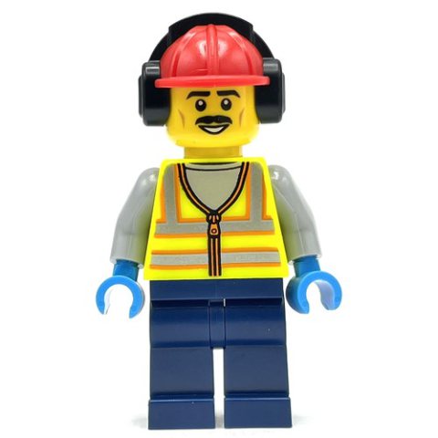 Minifigurka LEGO Vibrant Yellow Safety Vest, Dark Blue Legs, Red Hat