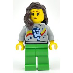 Minifigurka LEGO Light Bluish Grey Torso, Bright Green Legs, Dark Brown Hair