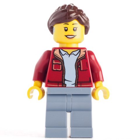 Minifigurka LEGO Dark Red Torso, Sand Blue Legs, Dark Brown Hair, Hearing Aid