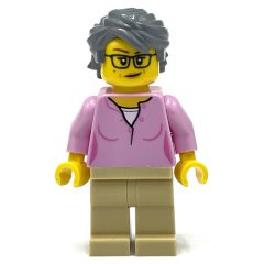Minifigurka LEGO Bright Pink Torso, Tan Legs, Dark Bluish Grey Hair