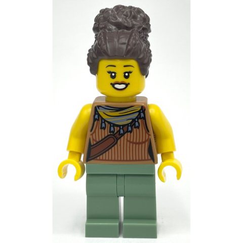 Minifigurka LEGO Medium Nougat Torso, Sand Green Legs, Dark Brown Hair