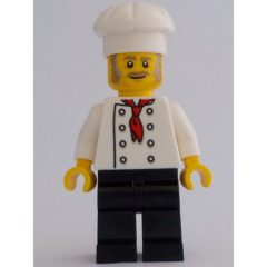 Minifigurka LEGO Chef - White Torso, Black Legs, White Hat, Light Bluish Grey Sideburns