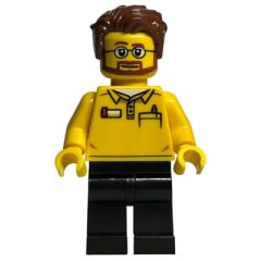 Minifigurka LEGO LEGO Store Employee - Yellow Torso, Black Legs, Reddish Brown Hair, Beard, Glasses