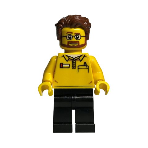Minifigurka LEGO LEGO Store Employee - Yellow Torso, Black Legs, Reddish Brown Hair, Beard, Glasses