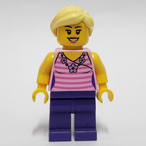 Minifigurka LEGO Bright Pink Torso, Dark Purple Legs, Bright Light Yellow Hair