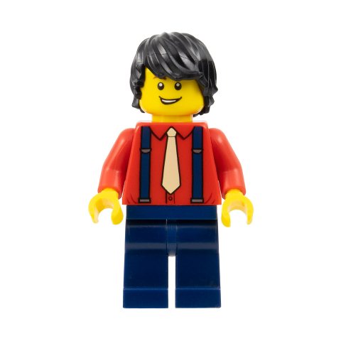 Minifigurka LEGO Red Torso, Dark Blue Legs, Black Hair