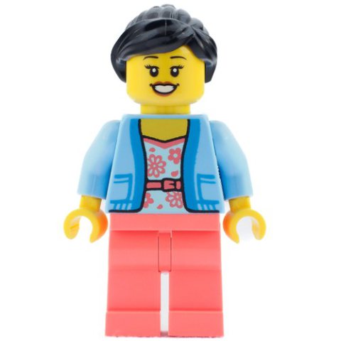 Minifigurka LEGO Bright Light Blue Torso, Coral Legs, Black Hair