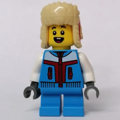 Minifigurka LEGO Kid - Dark Azure Torso, Dark Azure Legs, Red/Tan Fur Hat