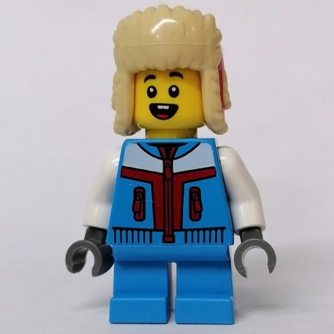 Minifigurka LEGO Kid - Dark Azure Torso, Dark Azure Legs, Red/Tan Fur Hat