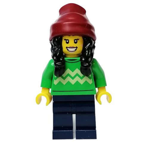 Minifigurka LEGO Bright Green Torso, Dark Blue Legs, Dark Red Beanie, Black Hair