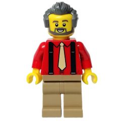Minifigurka LEGO Red Torso, Dark Tan Legs, Dark Bluish Grey Hair