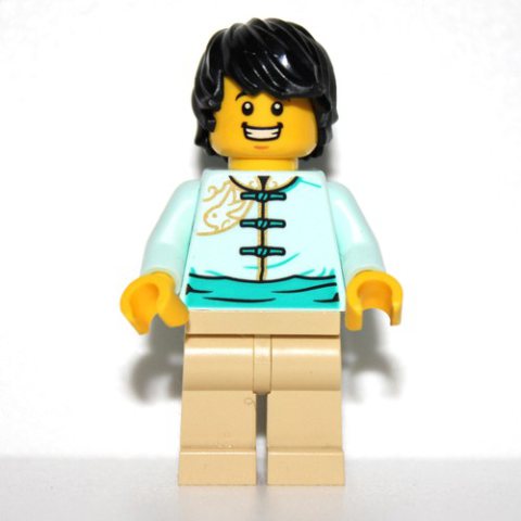 Minifigurka LEGO Light Aqua Torso, Tan Legs, Black Hair