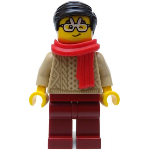 Minifigurka LEGO Tan Torso, Dark Red Legs, Black Hair, Red Scarf