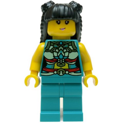 Minifigurka LEGO Dark Turquoise Torso, Chinese Decorations, Dark Turquoise Legs, Black Hair Long
