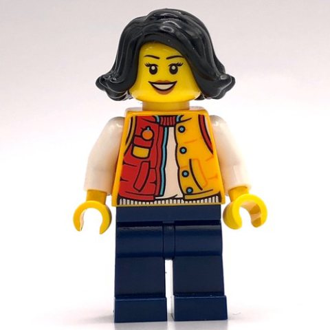 Minifigurka LEGO Orange Torso, Dark Blue Legs, Black Hair