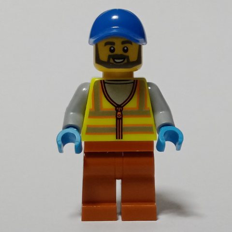 Minifigurka LEGO Man, Vibrant Yellow Safety Vest, Dark Orange Legs, Blue Cap