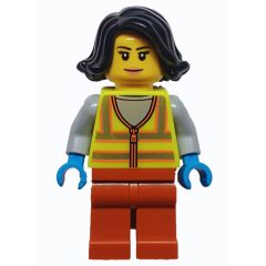 Minifigurka LEGO Woman, Vibrant Yellow Safety Vest, Dark Orange Legs, Black Hair