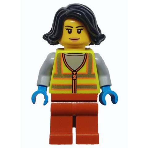 Minifigurka LEGO Woman, Vibrant Yellow Safety Vest, Dark Orange Legs, Black Hair