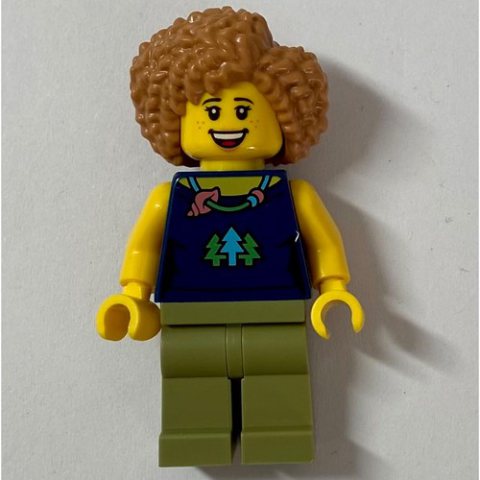 Minifigurka LEGO Woman, Dark Blue Top, Olive Green Legs, Medium Nougat Hair