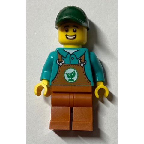 Minifigurka LEGO Gardener, Dark Turquoise Shirt, Dark Orange Overalls, Dark Green Cap