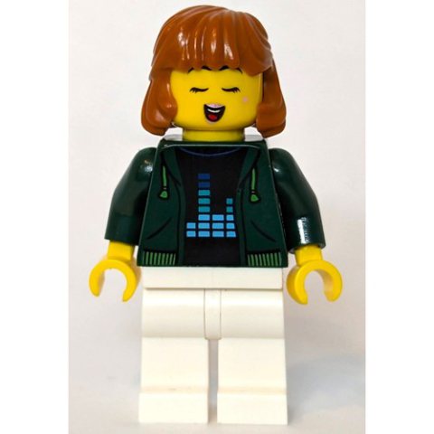 Minifigurka LEGO Woman, Dark Green Jacket, White Legs, Dark Orange Hair
