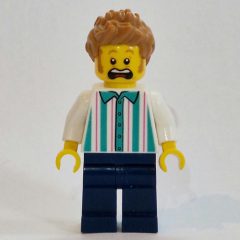 Minifigurka LEGO Vendor, White and Dark Turquoise Striped Shirt, Medium Nougat Hair