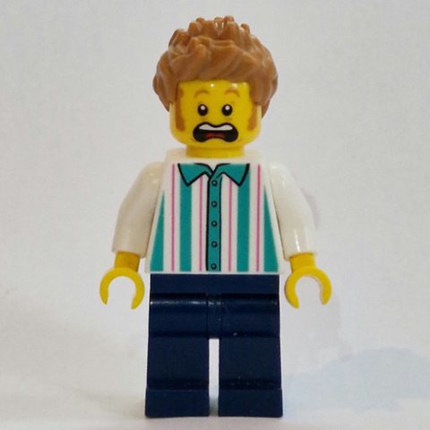 Minifigurka LEGO Vendor, White and Dark Turquoise Striped Shirt, Medium Nougat Hair