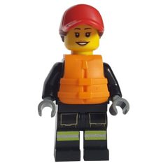 Minifigurka LEGO Firefighter, Black Fire Suit, Orange Life Vest, Red Cap