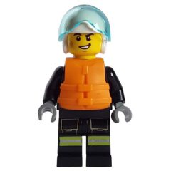 Minifigurka LEGO Firefighter, Black Fire Suit, Orange Life Vest, White Helmet