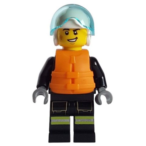 Minifigurka LEGO Firefighter, Black Fire Suit, Orange Life Vest, White Helmet