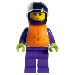 Minifigurka LEGO Boat Racer, White and Dark Purple Race Suit, Orange Life Vest, Black Helmet