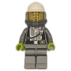 Minifigurka LEGO Firefighter, Silver Fire Suit, White Helmet with Visor, Blue Airtanks
