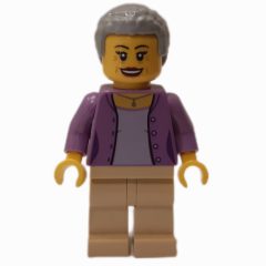 Minifigurka LEGO Woman, Lavender Top, Tan Legs, Light Bluish Gray Hair