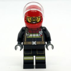 Minifigurka LEGO Firefighter, Black Fire Suit, Red Helmet with Visor, Glasses