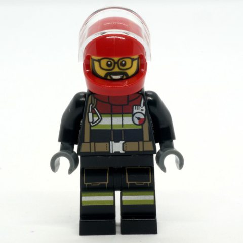 Minifigurka LEGO Firefighter, Black Fire Suit, Red Helmet with Visor, Glasses