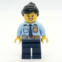 Minifigurka LEGO Police Officer, Bright Light Blue Shirt with Police Badge, Dark Blue Legs, Reddish Brown Ponytail