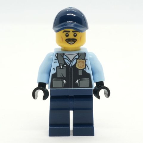 Minifigurka LEGO Police Officer, Bright Light Blue Shirt with Police Badge, Dark Blue Legs and Cap, Moustache