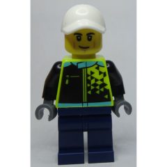 Minifigurka LEGO Racer, Vibrant Yellow and Dark Blue Race Suit, White Cap