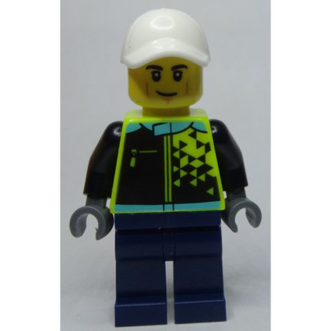 Minifigurka LEGO Racer, Vibrant Yellow and Dark Blue Race Suit, White Cap