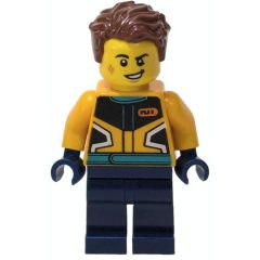 Minifigurka LEGO Racer, Orange and Dark Blue Race Suit, Reddish Brown Hair
